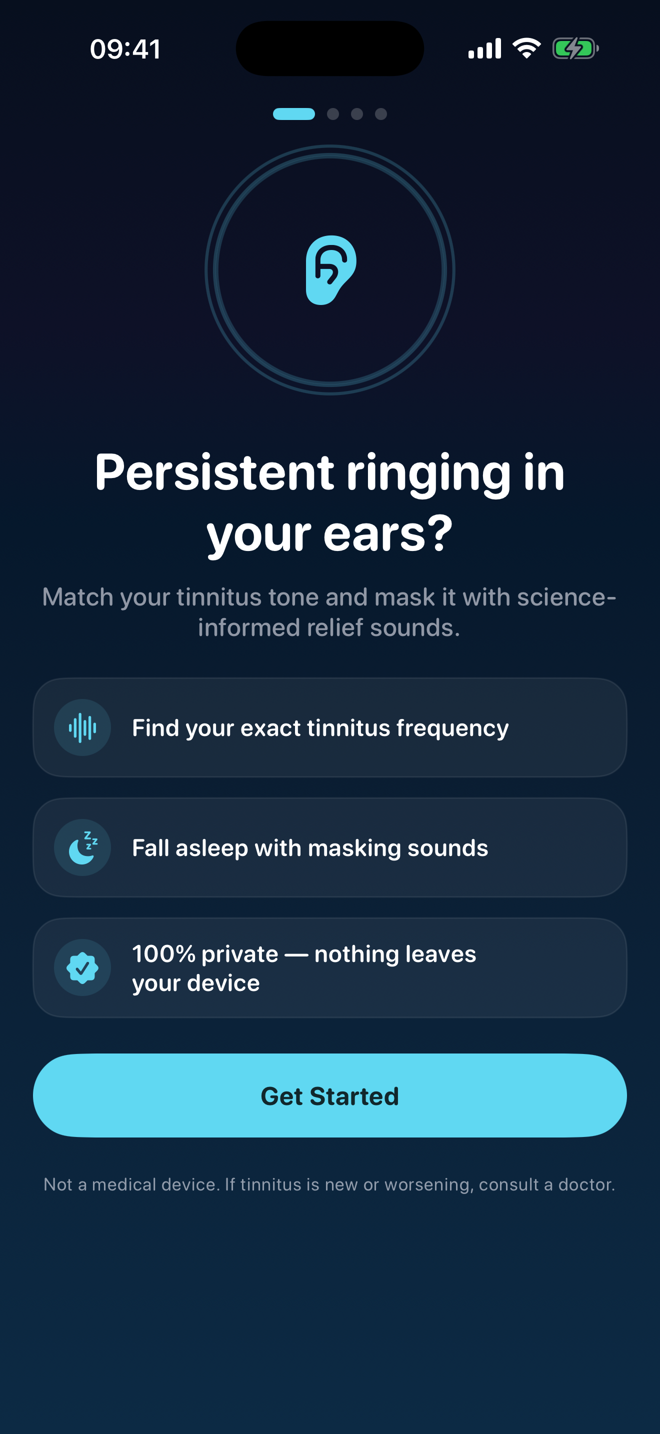 QuietEar onboarding screen