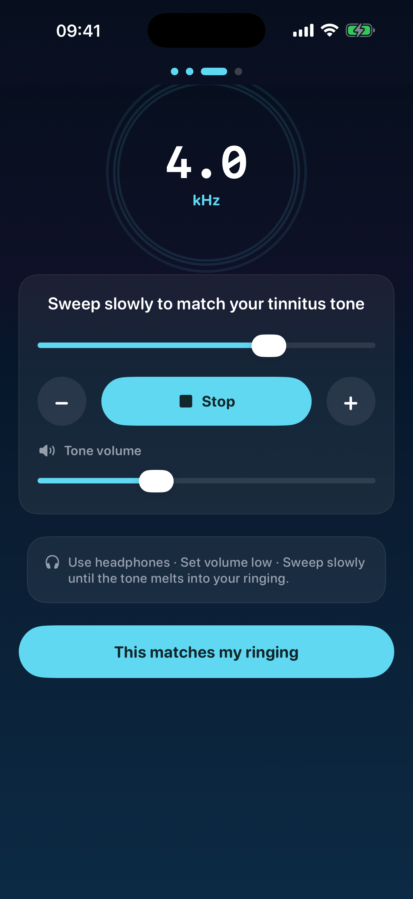 Pitch Finder screen in QuietEar